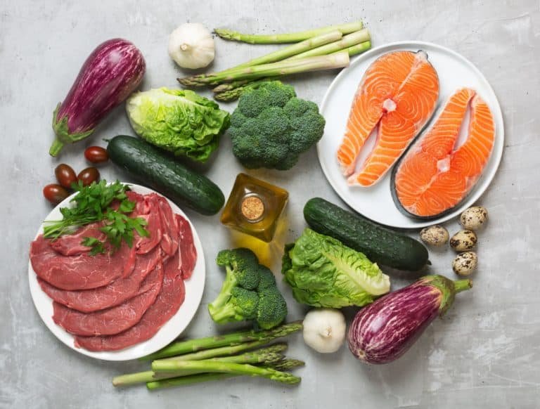 Atkins Diet food ingredients on concrete background
