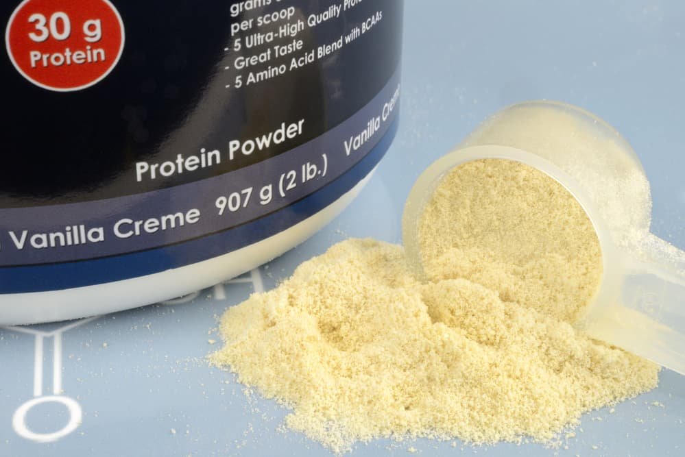 How Much Protein To Build Muscle Do You Need? 4 Protein Powder with Measuring Spoop on a Blue Background