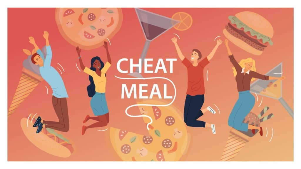 Cheat Meal Concept. Multiracial Happy People, Are Jumping Of Happy Among Junk Food. Cocktails, Pizza, Ice cream, Hamburger, Hot Dog. People Eat Fast Food. Cartoon Flat Style