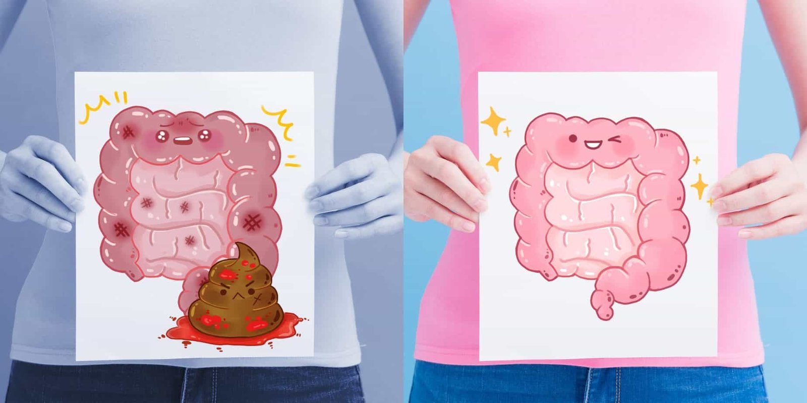 Healthy and unhealthy intestine billboards on the blue background