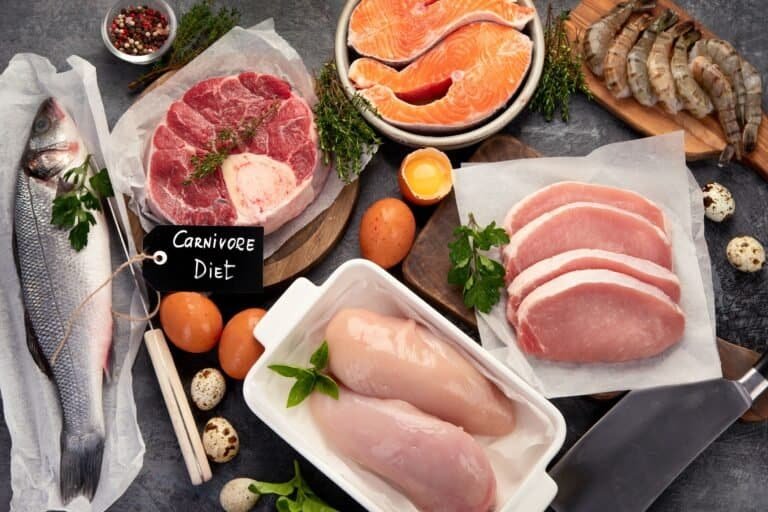 Carnivore diet on dark background. Diet containing animal foods and products