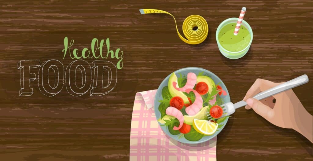 Cheat Meals VS Refeed Days: How To Make Your Diet Work 3 Vegetable and shrimp fresh salad bowl smoothie top view