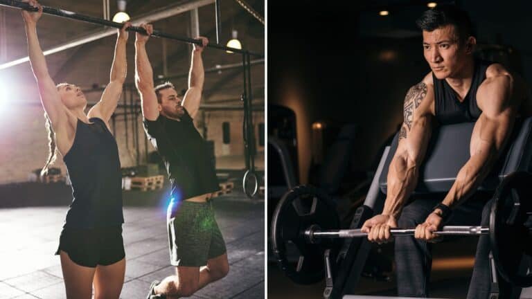 Young men and woman doing bodyweight exercises and lifting weights