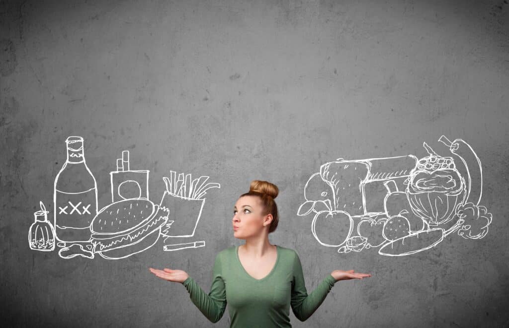Fight Inflammation With Every Bite- An Anti-Inflammatory Diet Grocery List 3 Woman standing between healthy and unhealthy foods