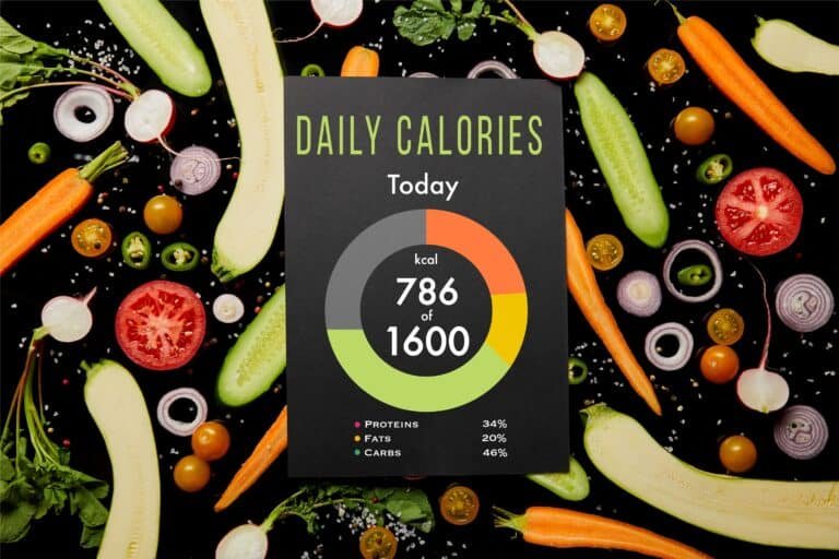 Top view of black card with daily calories illustration on vegetable pattern isolated on black