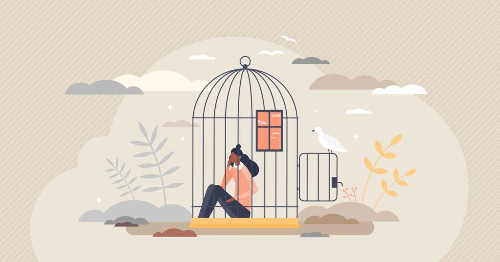 Sleep Meditation for Anxiety- A Quick Relief Guide 2 Inner prison as mental state with thoughts stuck and block tiny person concept