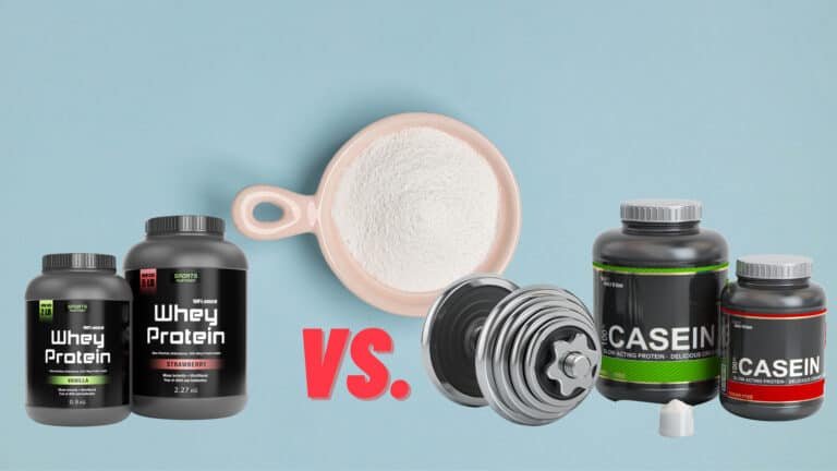 Scoop of Protein powder along with bottles of whey and casein protein supplements comparison in blue background