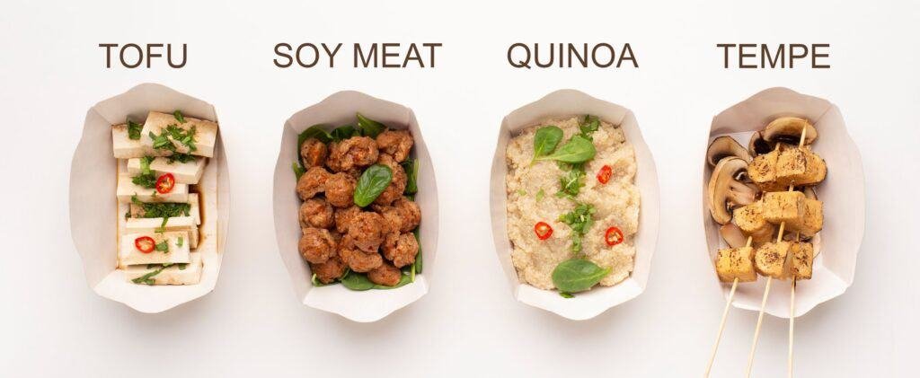 Debunking Myths: Are Vegan Processed Foods Really Healthy? 2 Tofu, soy meat, quinoa and tempe served in paper plates