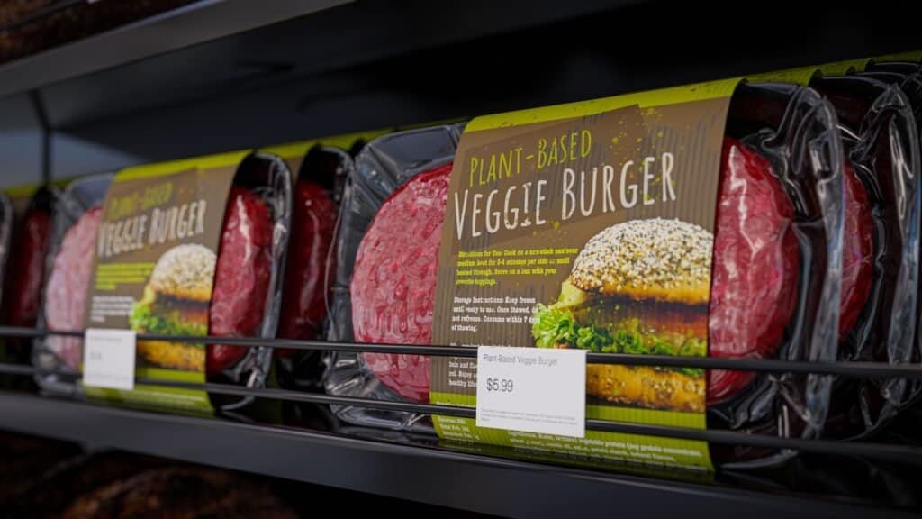 Debunking Myths: Are Vegan Processed Foods Really Healthy? 3 Vegan burger vacuum packed on a store shelf