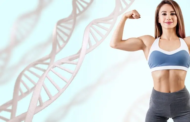 Athletic fitness woman standing among DNA chains.