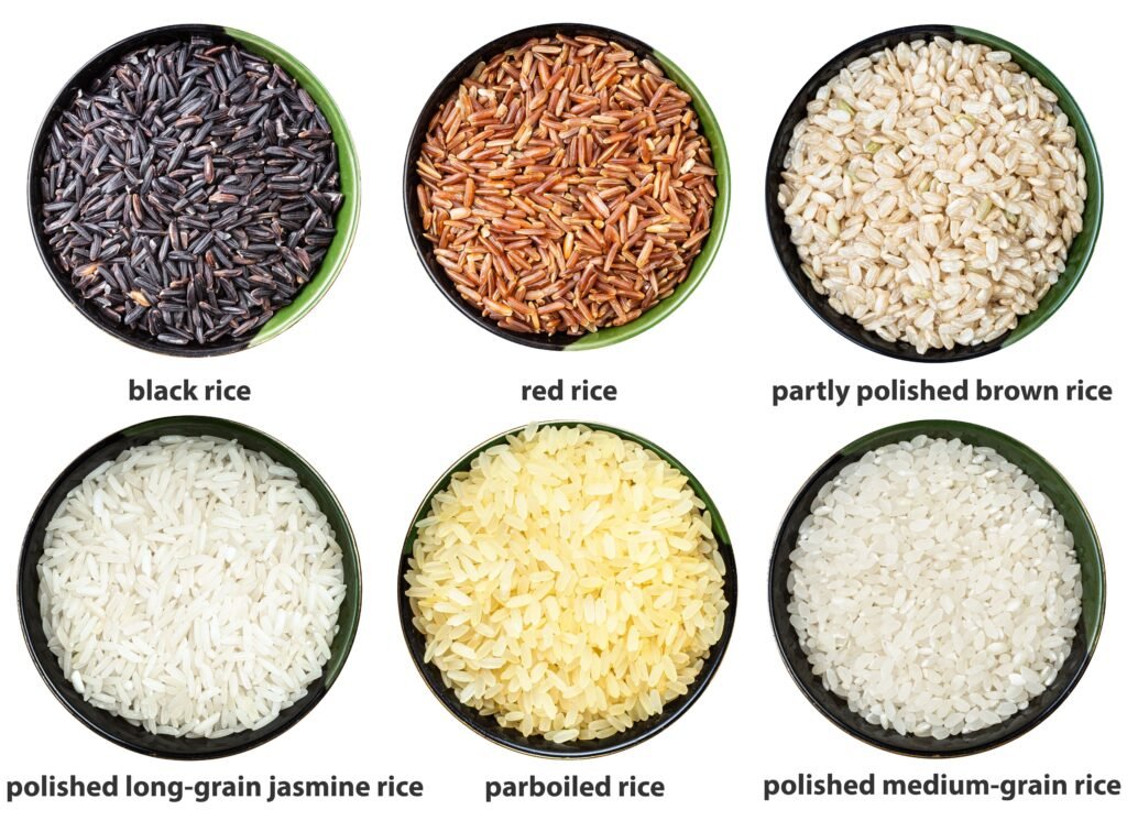 Set of various rices in bowls with names isolated on white background