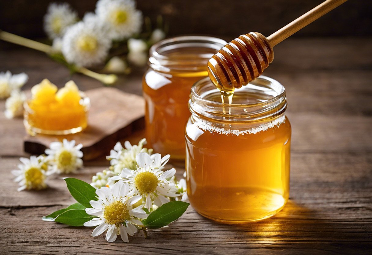 Health Benefits of Green Tea and Honey: A Dynamic Duo for Your Wellness Routine 4 a jar of honey and some flowers on a table